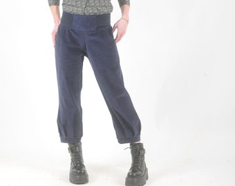 Pantalon velours bleu foncé, longueur 4/5 à ceinture extensible, pantalon bouffant, toutes tailles