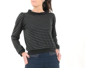 Pull léger femme laine rayée noire et grise, col bateau, MALAM, Votre taille