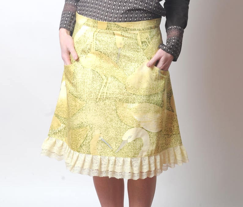 Yellow and green trapeze skirt with duck print and wide lace ruffles size UK 12 US 8 or Any Size Womens clothing MALAM