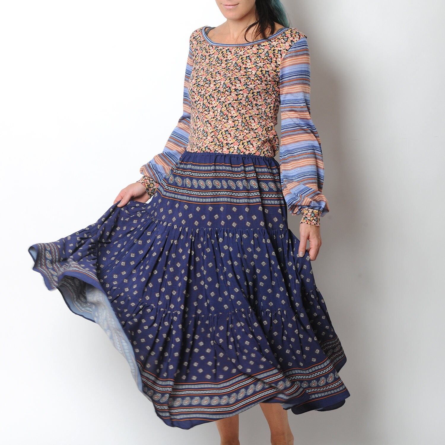 Blue tiered skirt floral bohemian skirt Womens blue and Etsy