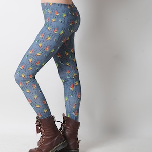 Bird print cotton leggings, Grey and colorful jersey leggins, Women leggings, Womens clothing, MALAM