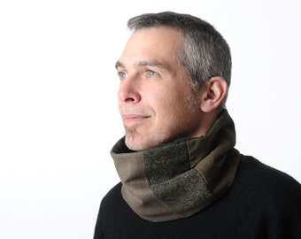 Green patchwork Cowl Scarf - green and brown neckwarmer snood, Dark green tube scarf, Gift for men, Fathers day, MALAM