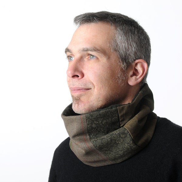 Col vert foncé et marron, Col snood patchwork, Col écharpe hiver, Idée cadeau, MALAM