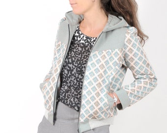 Women's zippered jacket, pastel geometric print, Blue hooded teddy, Womens fall fashion, MALAM, UK12