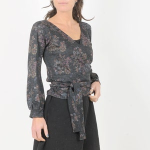 Dark grey floral knit wrap cardigan, puffy sleeves, MALAM, Any size image 1