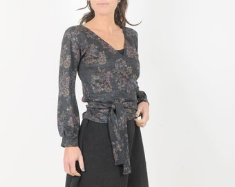 Dark grey floral knit wrap cardigan, puffy sleeves, MALAM, Any size