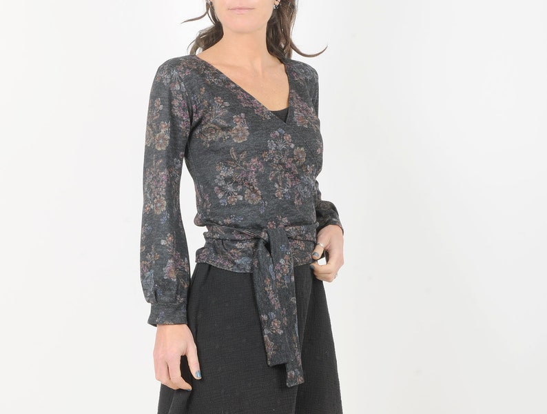 Dark grey floral knit wrap cardigan, puffy sleeves, MALAM, Any size image 1