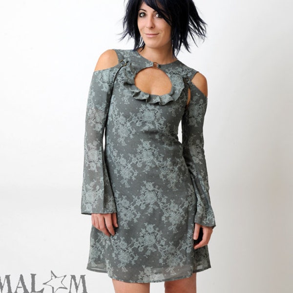 Blue Lace Print dress - Louise dress in grey blue - removable sleeves - sz S