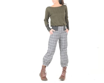 Womens cropped pants with stretchy belt, grey plaid cotton, ankle length puffy pants, Size XS, S, M, L