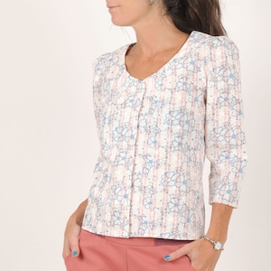 White, blue, pink floral cotton shirt,  adjustable lacing, Spring-summer fashion, MALAM, Any size