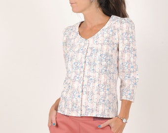 White, blue, pink floral cotton shirt,  adjustable lacing, Spring-summer fashion, MALAM, Any size