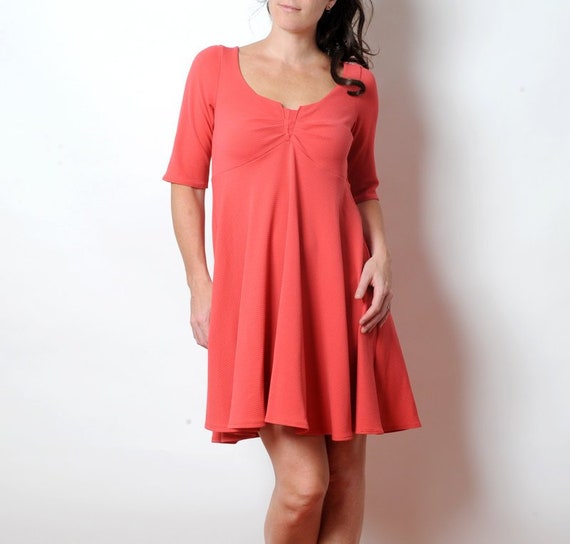 Coral red jersey dress with pleated 
