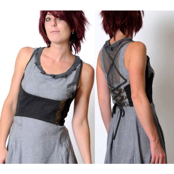 Grey underbust belt, Steampunk bustier with lace-up at back and studded stripe - grey and army green cotton - size S, MALAM