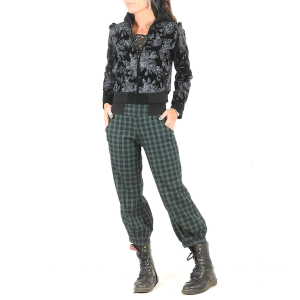 Pantalon femme 4/5 à ceinture extensible, carreaux marine et vert, pantalon bouffant, taille XS, S, M, L