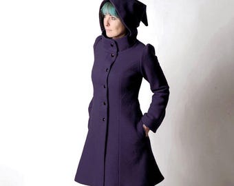 Manteau violet foncé en laine, à capuche de lutin, Manteau d'hiver pour femme, MALAM, Votre taille