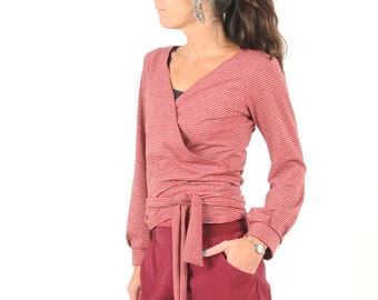 Gilet cache-coeur femme rouge rayé gris argenté, manches bouffantes, Toutes tailles