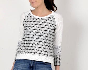 Top femme blanc et noir manches raglan, jersey vintage et broderie anglaise, MALAM, taille 38
