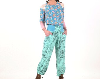 Pantacourt femme lin vert d'eau à ceinture extensible, imprimé noir, pantalon bouffant, taille XS, S, M, L