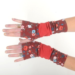 Crimson red floral patchwork armwarmers, Fun wrist warmers, MALAM image 1