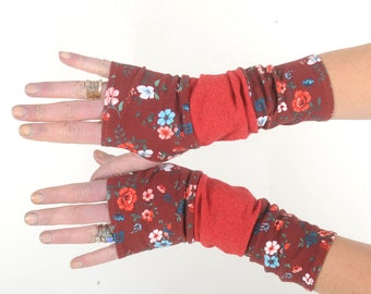 Crimson red floral patchwork armwarmers, Fun wrist warmers, MALAM