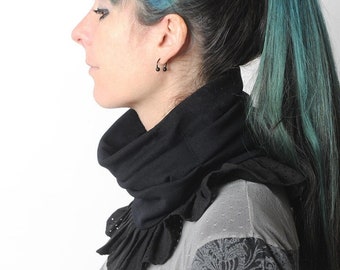 Black pleated snood, perforated ruffles, Black frilled cowl, Gift for her, Black removable cowl, MALAM