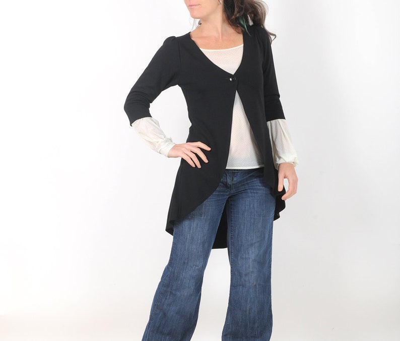 Black Pleated swallowtail jersey jacket, Haandmade long cardigan for women, Office fashion, MALAM,