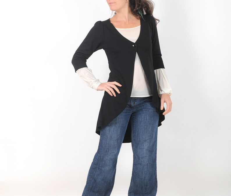 Long black cardigan, Black Pleated swallowtail jersey jacket, Cardigan for women, Office fashion, MALAM, Any size image 1