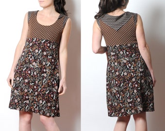 Brown floral sleeveless dress, white dots and pointy collar, MALAM, size UK 10/ FR38