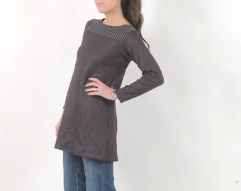 Striped plum wool tunic or short dress, fall-winter womens clothing, MALAM, Any size
