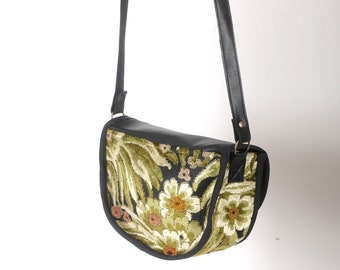 Leather and fabric crossbody purse, Green and black floral velvet, Handmade handbag, MALAM