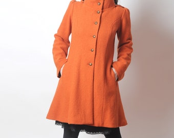 Hooded Orange Wool Coat, Orange Womens Coat With Pixie Hood