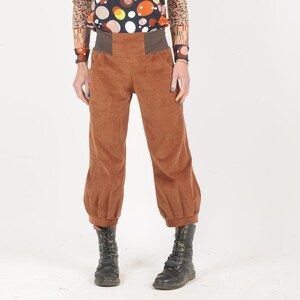 Chestnut brown corduroy pants with stretchy belt, women's fall winter ankle length puffy trousers, Size XS, S, M, L image 2