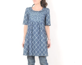 Blue tunic dress, printed lightweight denim, roomy dress with pockets, Checks and floral, Womens dresses, MALAM, size UK 10