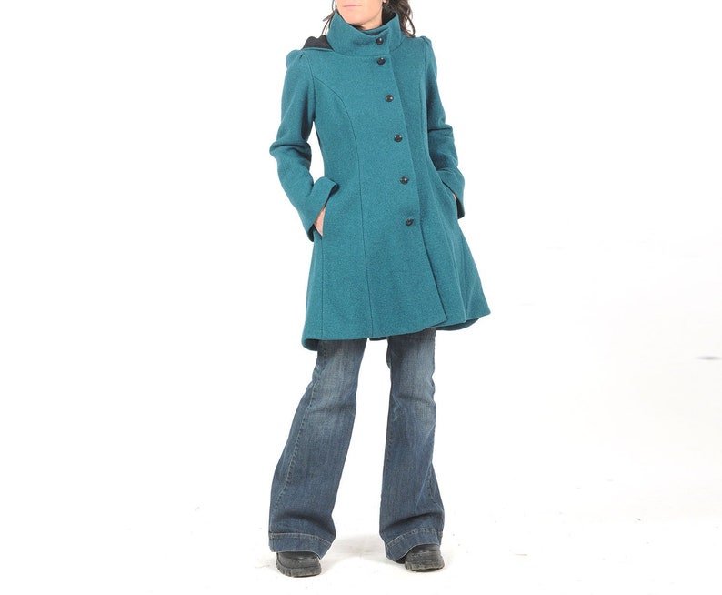 Womens green-blue winter wool coat, Hooded feminine wool coat with flared sleeves, MALAM, Any size image 1