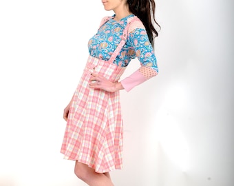 Pink and white suspender Skirt, Pink plaid skirt, High waisted jumper skirt, Womens checkered skirt, MALAM, size UK 10/ FR38