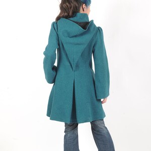 Womens green-blue winter wool coat, Hooded feminine wool coat with flared sleeves, MALAM, Any size image 5