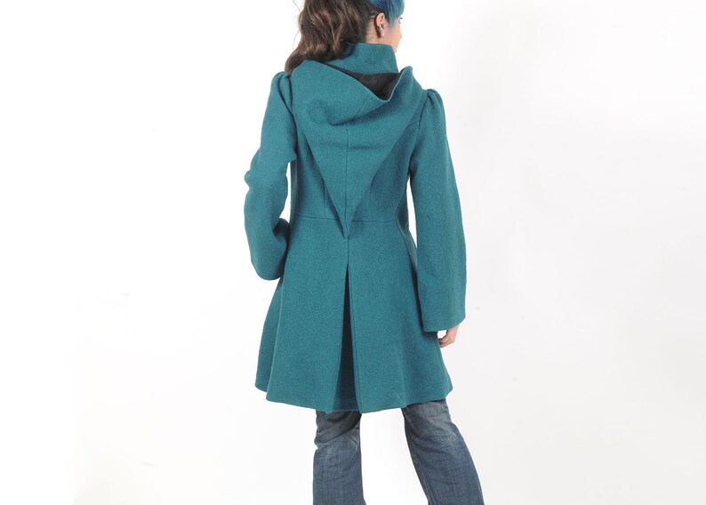 Womens green-blue winter wool coat, Hooded feminine wool coat with flared sleeves, MALAM, Any size image 5
