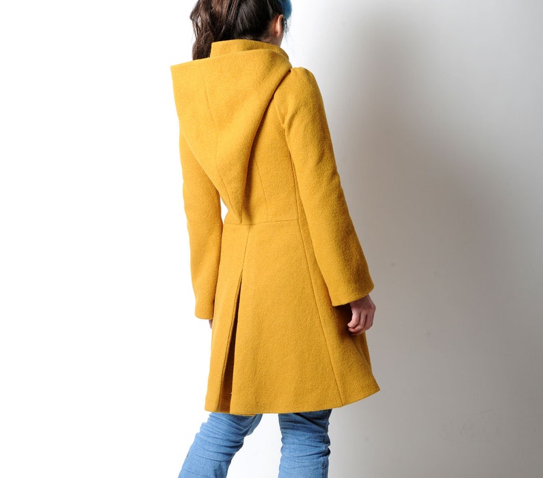 Manteau jaune moutarde à capuche lutin MALAM , Manteau d'hiver en laine vierge, Votre Taille, Mode hivernale image 6