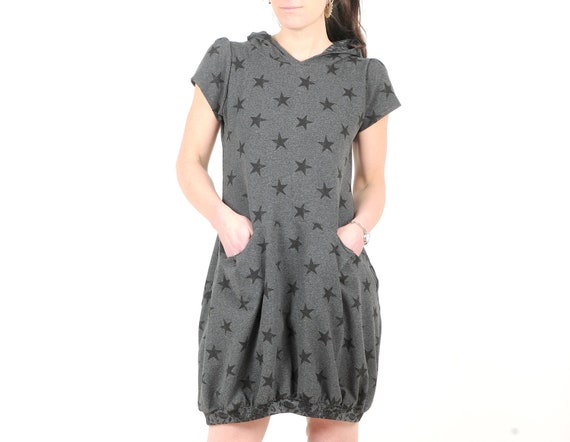 Grey Bubble Hooded Dress with Black Stars Print, Short Sleeved Sweater Dress, Womens Clothing, Malam, Your Size
