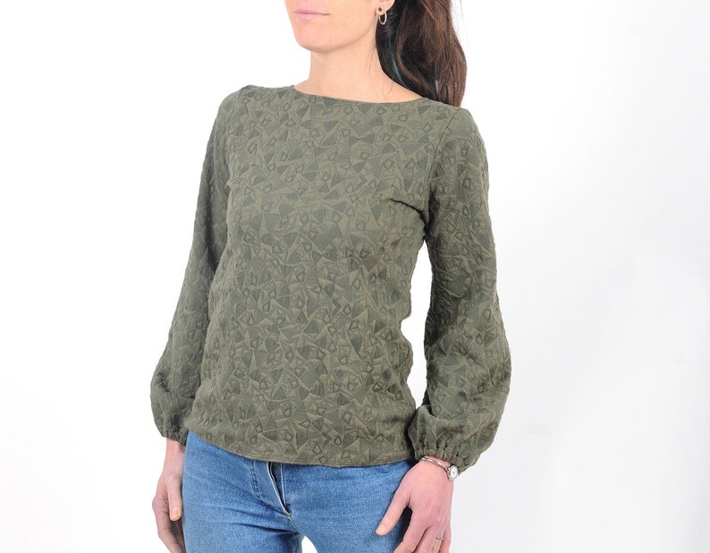 Khaki green sweater with puffy sleeves in textured jersey, Womens clothing, Fall fashion, MALAM image 1