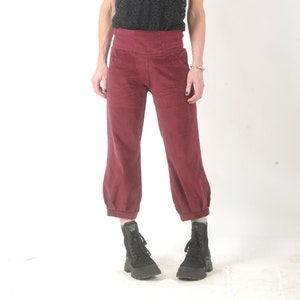 Crimson red corduroy pants with stretchy belt, women&#39;s winter ankle length puffy trousers, Size XS, S, M, L