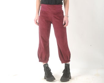 Crimson red corduroy capri pants with stretchy belt, women's winter ankle length puffy trousers, Size XS, S, M, L