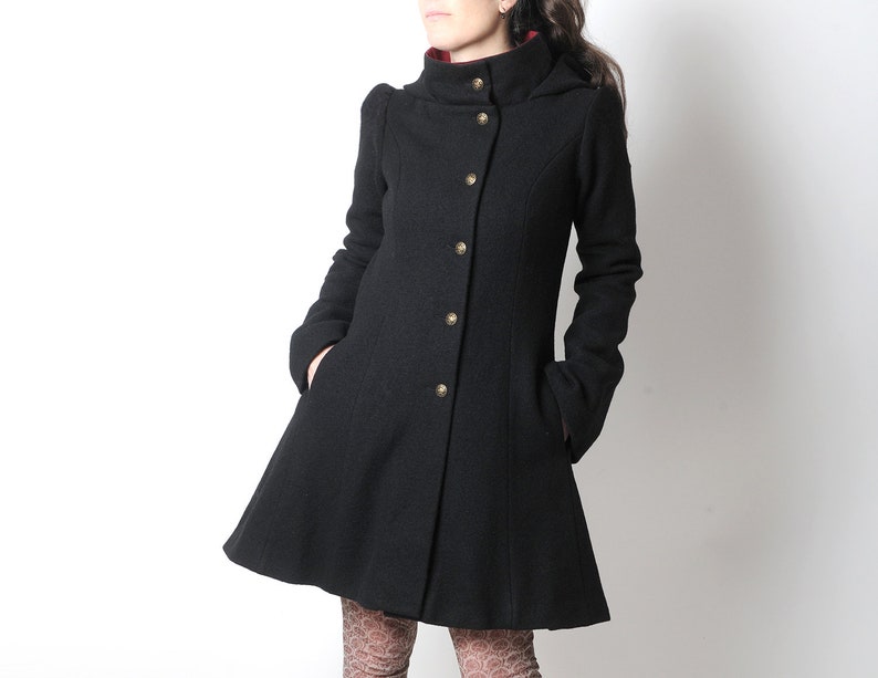 Manteau noir à capuche ronde, manteau d'hiver en laine noire, manteau femme évasé Votre taille, MALAM image 1