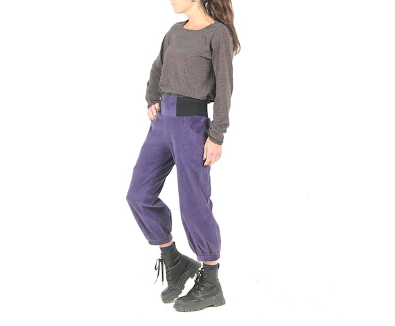 Purple Corduroy Pants With Stretchy Belt, Women's Winter Ankle