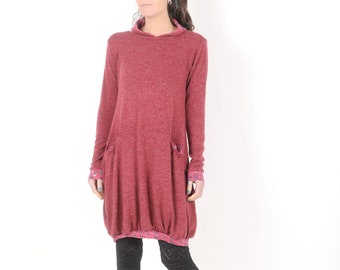 Raspberry red knit dress, long sleeved bubble dress, Womens clothing, MALAM, size UK 10