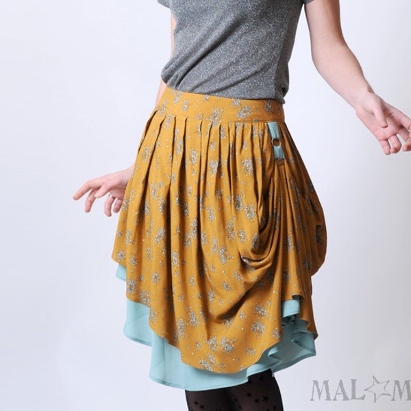 Pleated skirt - Mustard pattern - vintage print floral mustard and blue, assymetrical