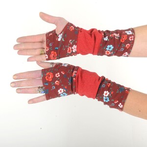 Crimson red floral patchwork armwarmers, Fun wrist warmers, MALAM image 2