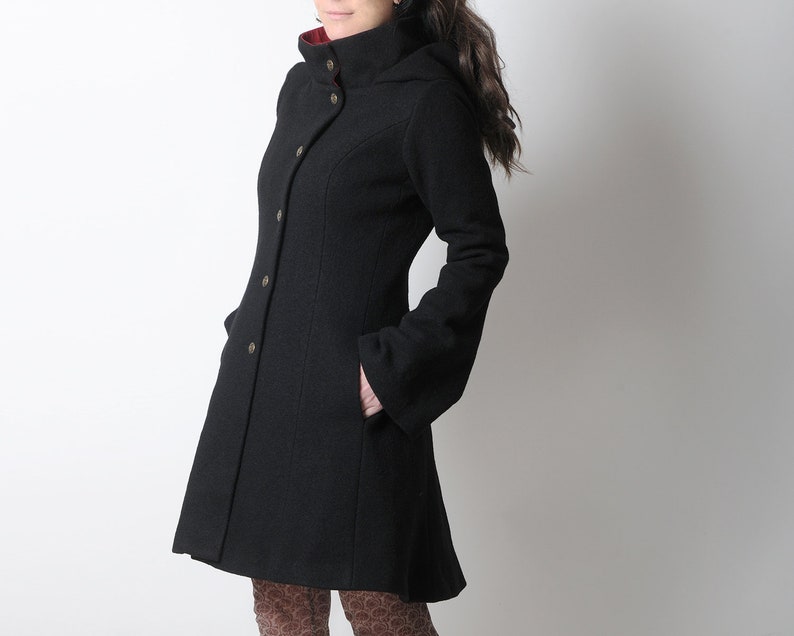Manteau noir à capuche ronde, manteau d'hiver en laine noire, manteau femme évasé Votre taille, MALAM image 3