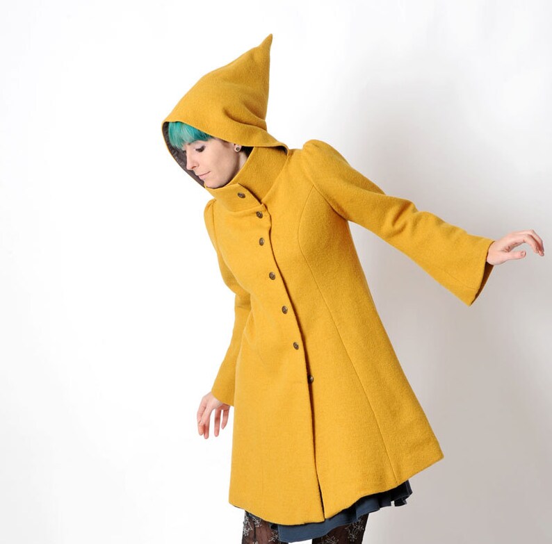 Manteau jaune moutarde à capuche lutin MALAM , Manteau d'hiver en laine vierge, Votre Taille, Mode hivernale image 3