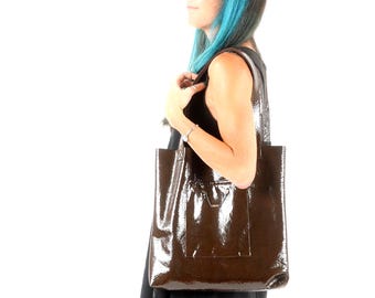 Sac cabas en cuir marron verni, Sac shopping Tote bag en cuir, Malam